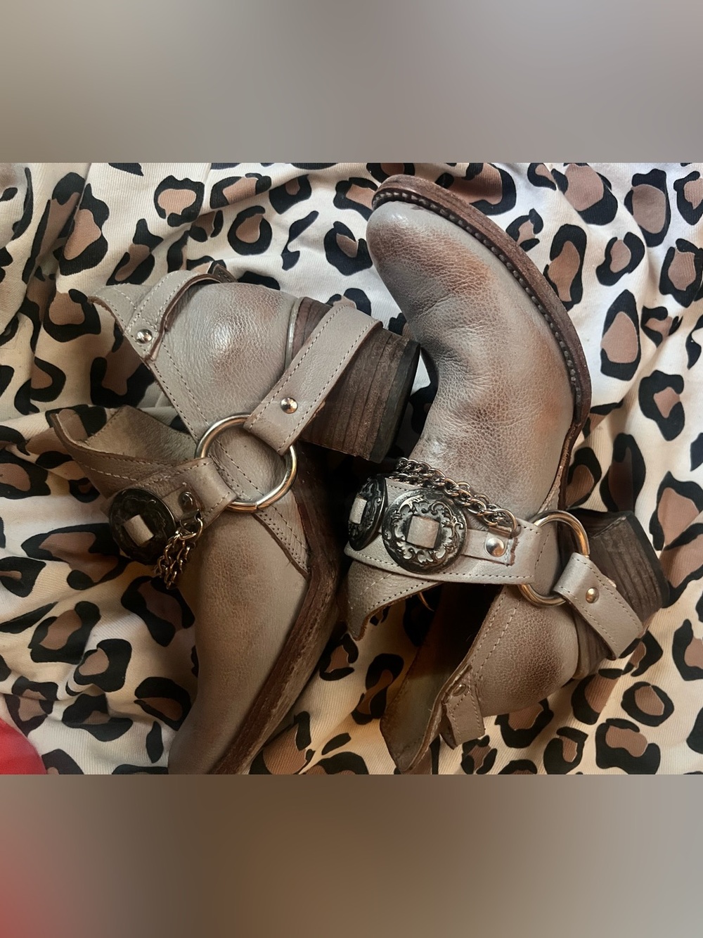 freebird Taupe Harness Ankle Boots with Metal Ring & Chain Details